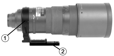 Wimberley Lens Plate mounted to long lens identifying lens rotation collar and lens foot