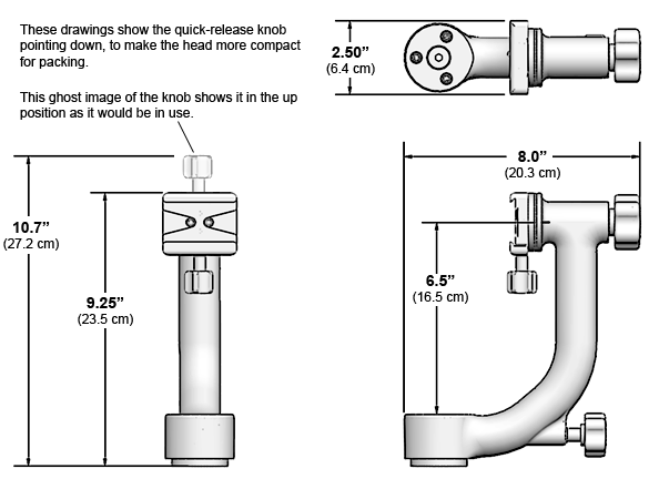 Line drawings of Sidemount Wimberley Head WH-200-S with dimensions