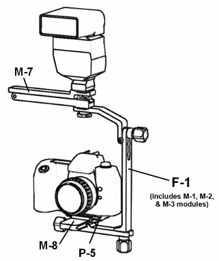 Line drawing of flash on Wimberley M-7 Flash Flipper Module on F-1 Telephoto Bracket mounted to camera using M-8 and P-5